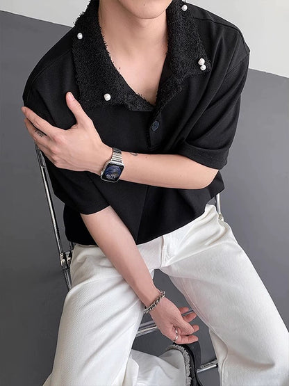 Fake Fur Collar Pearl PatchShort Sleeve Polo Shirt WN19306