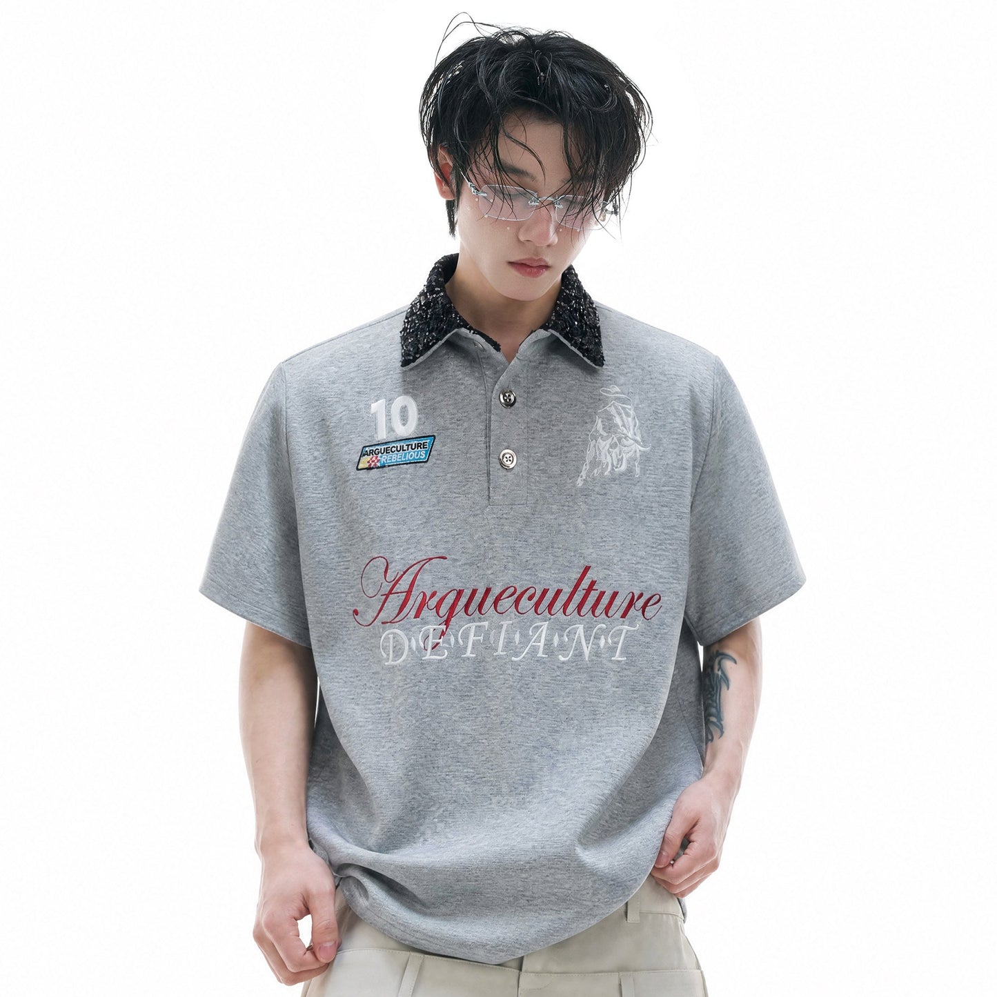 Sequin-Collar Letter Embroidery Cropped Oversize Polo Short Sleeve Shirt WN27025
