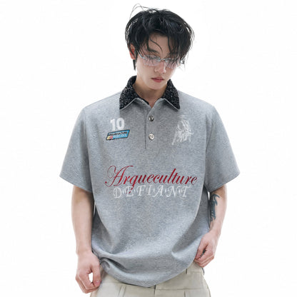 Sequin-Collar Letter Embroidery Cropped Oversize Polo Short Sleeve Shirt WN27025