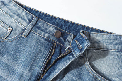 Damage Whisker Washed Wide Leg Denim Jeans WN25948