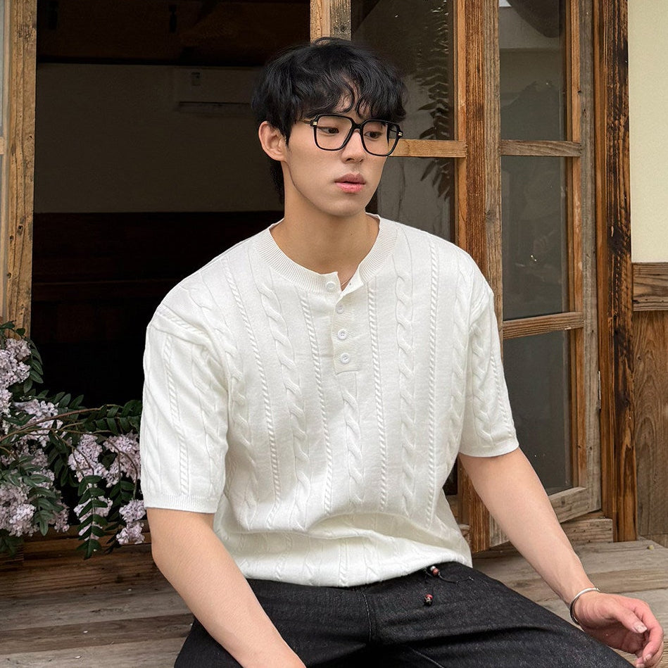 Cable Knit Henley Short Sleeve Polo Shirt WN24895
