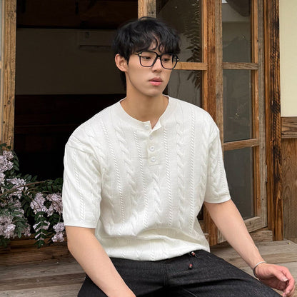 Cable Knit Henley Short Sleeve Polo Shirt WN24895