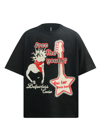 Rock Guitar Print Oversize Short Sleeve T-Shirt WN26350