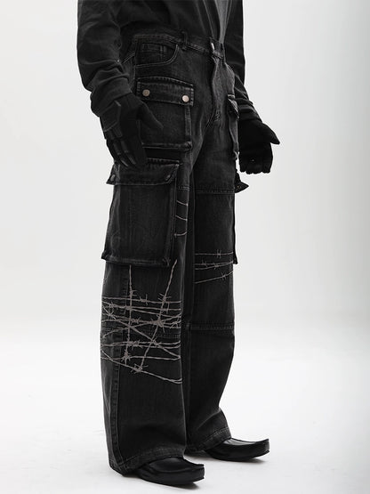 Multi-Pocket Embroidery Wide Leg Straight Cargo Denim Jeans WN18626