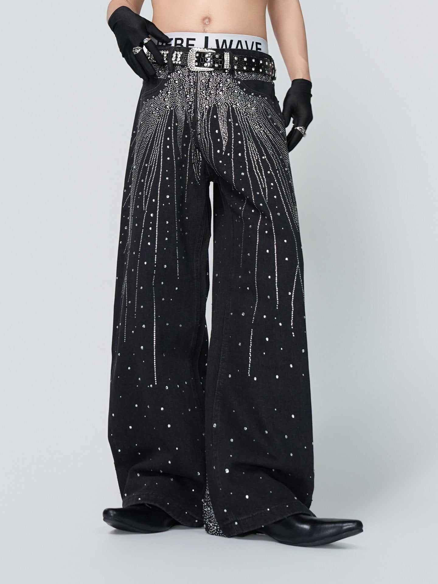 Rhinestone Gradient Wide Leg Denim Jeans WN24318
