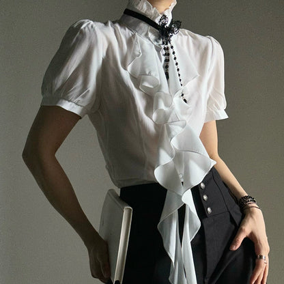 Ruffled Slim Shirt & Necklace WN19619