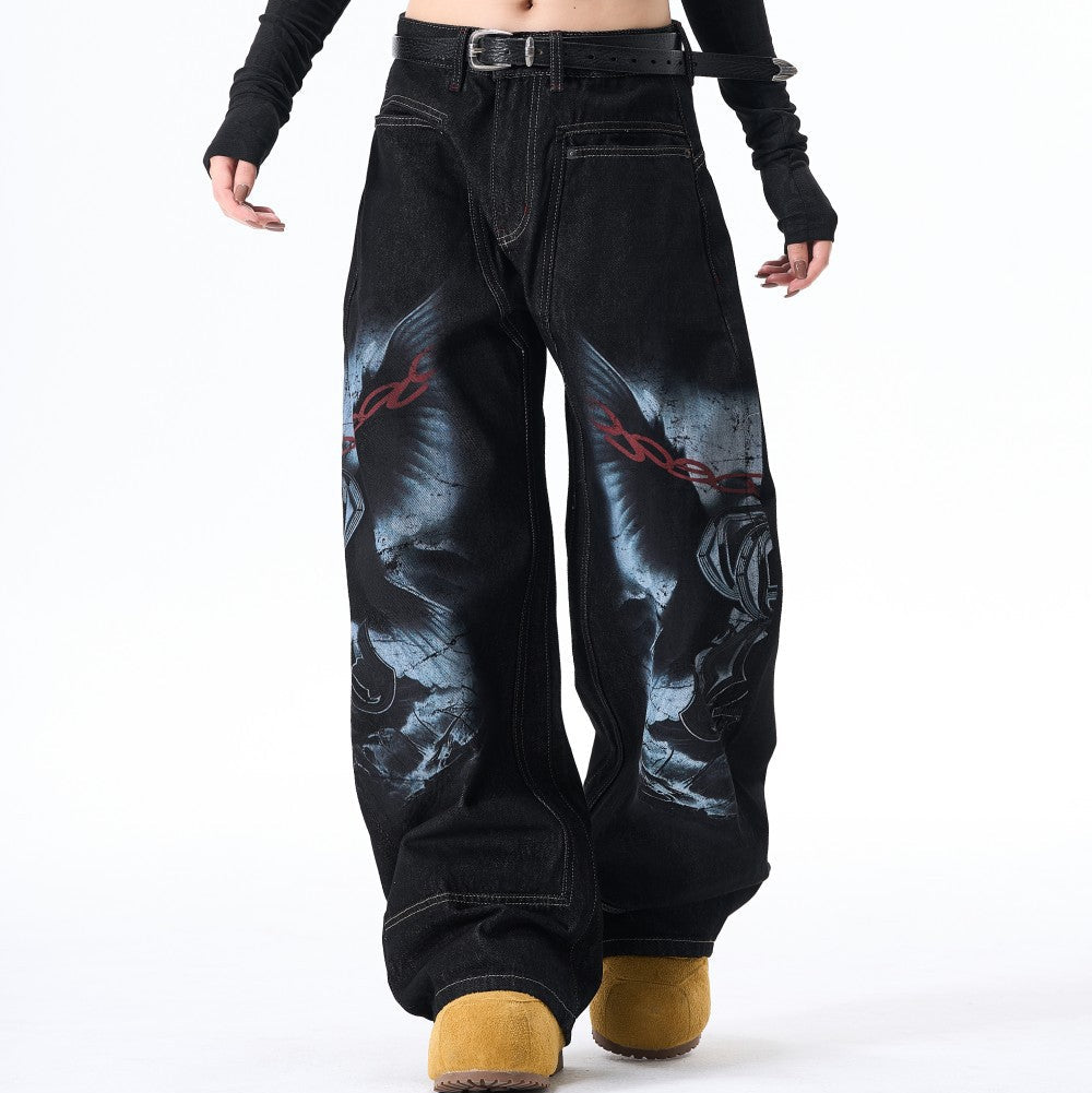Graphic Print Wide Leg Denim Jeans WN28099