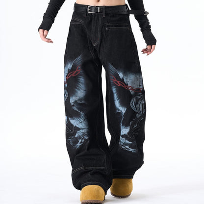 Graphic Print Wide Leg Denim Jeans WN28099