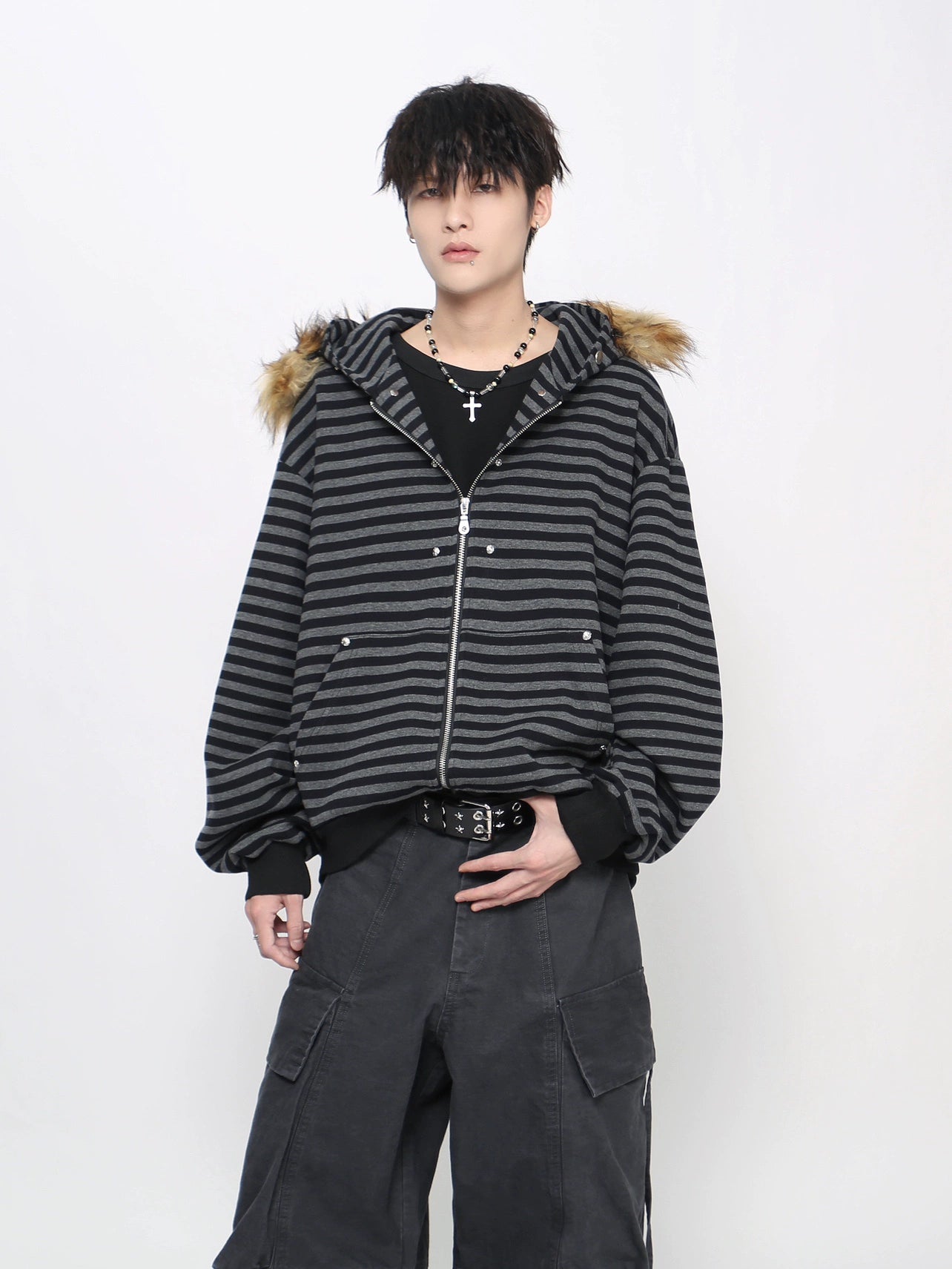 Stripe Detachable Fur Collar Zipper Hoodie WN21027