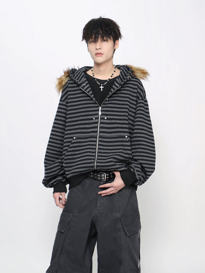 Stripe Detachable Fur Collar Zipper Hoodie WN21027