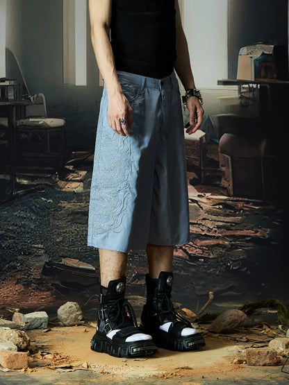 Dragon Embroidery Ultra-Thin Quick-Dry Wide Leg Half Pants WN18512