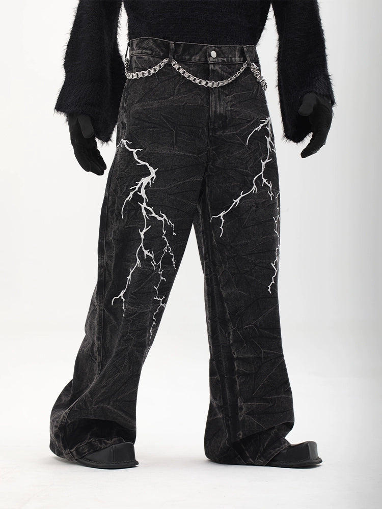 Lightning Embroidery Wide Leg Denim Jeans WN18727