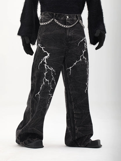 Lightning Embroidery Wide Leg Denim Jeans WN18727