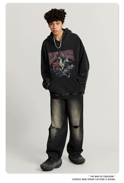 Washed Oversize Skateboard Print Hoodie WN7819