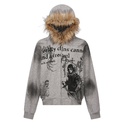 Fake Fur Collar Graphic Print Oversize Zipper Hoodie WN24193