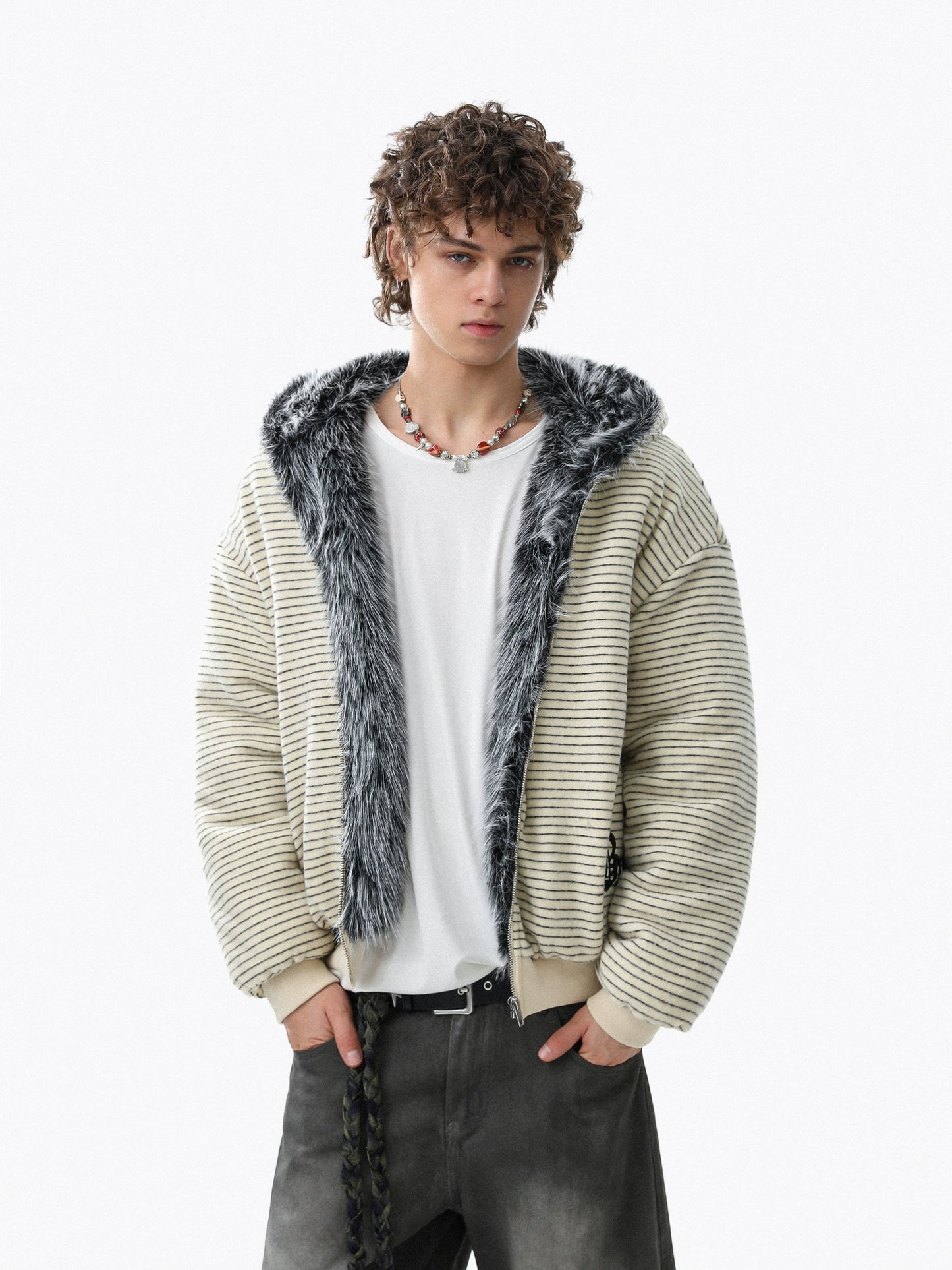 Fake Fur-Collar Stripe Zipper Hoodie WN22098