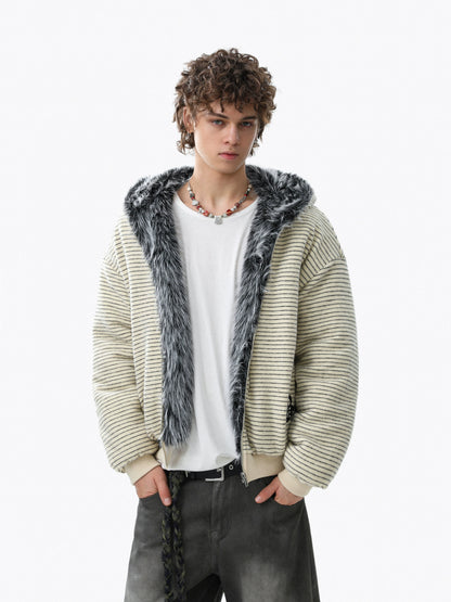 Fake Fur-Collar Stripe Zipper Hoodie WN22098