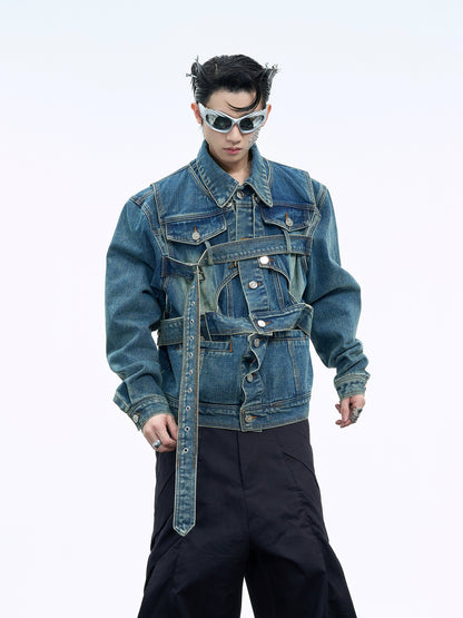 Washed Strap Design Short Denim Jacket WN10528