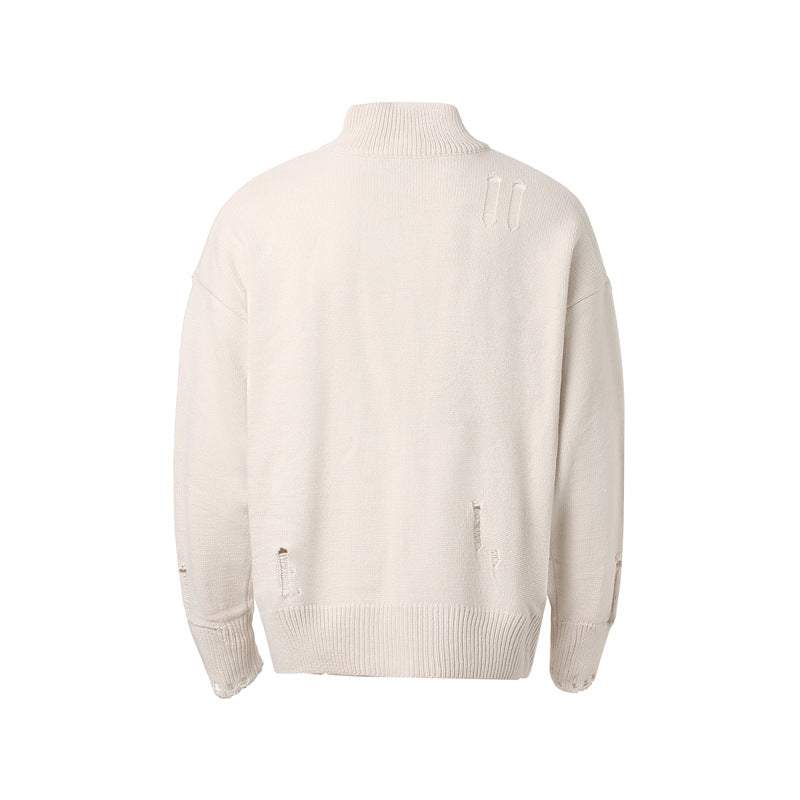 Damage Zipper Stand Neck Knit Cardigan WN11157