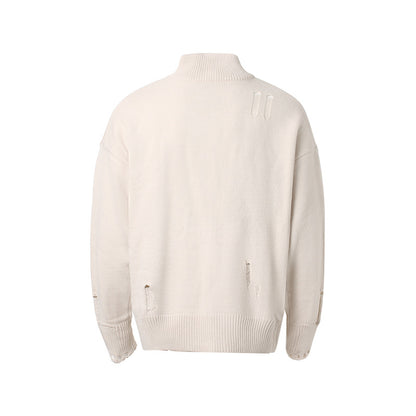 Damage Zipper Stand Neck Knit Cardigan WN11157