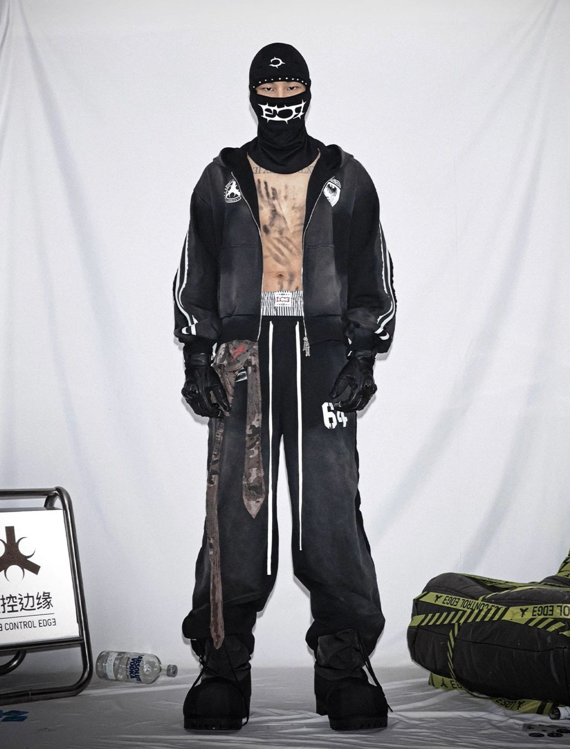 Washed Stripe Print Zipper Hoodie & Sweaetpants Setup WN20833