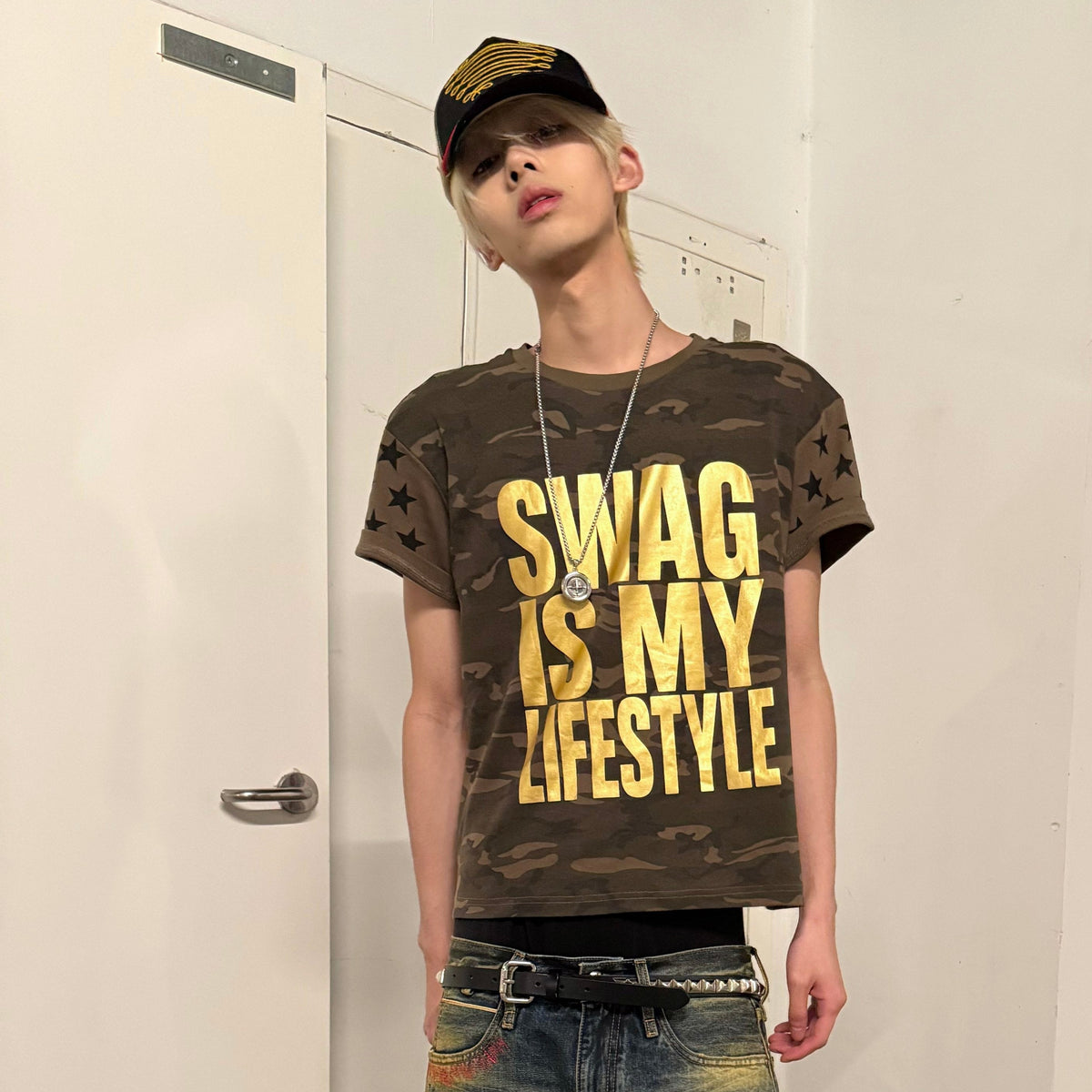 Camo Star Letter Print Short Sleeve T-Shirt WN27240