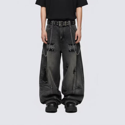 Ripped Metal Chain Wide Leg Denim Jeans WN27870