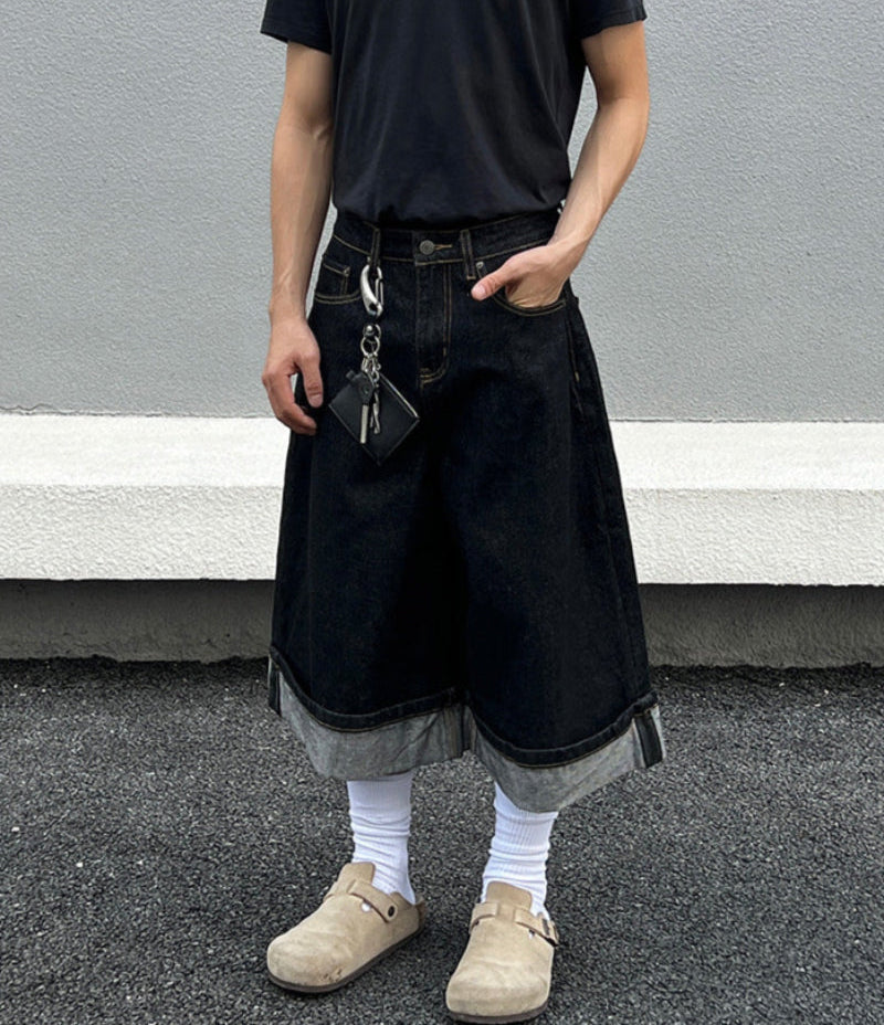 Cuffed Washed Wide Leg Denim Half Jeans WN19458