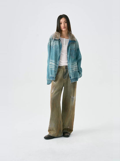 Embroidered Faux Fur Collar Wash Denim Jacket WN18926