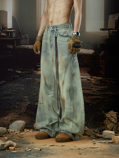 Hand-Paint Dyed Wash Wide Leg Denim Jeans WN18426