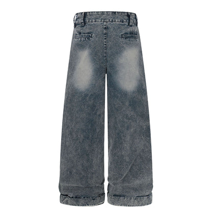 Washed Damage Wide Leg Curved Denim Jeans WN25860