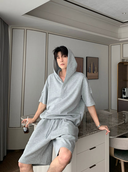 Sporty Short Sleeve Hooded T-Shirt & Short Pants Setup WN20449