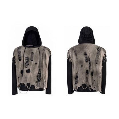 Washed Damage Fake Layered Knit Hoodie WN21964