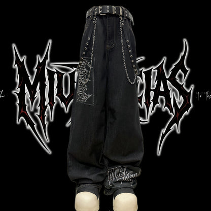 Graphic Letter Patchwork Wide Leg Denim Jeans & Belt & Chain WN20137
