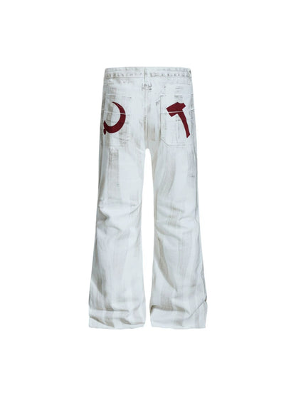 Vertical Brush Ripped Print Wide Leg Denim Jeans WN27851