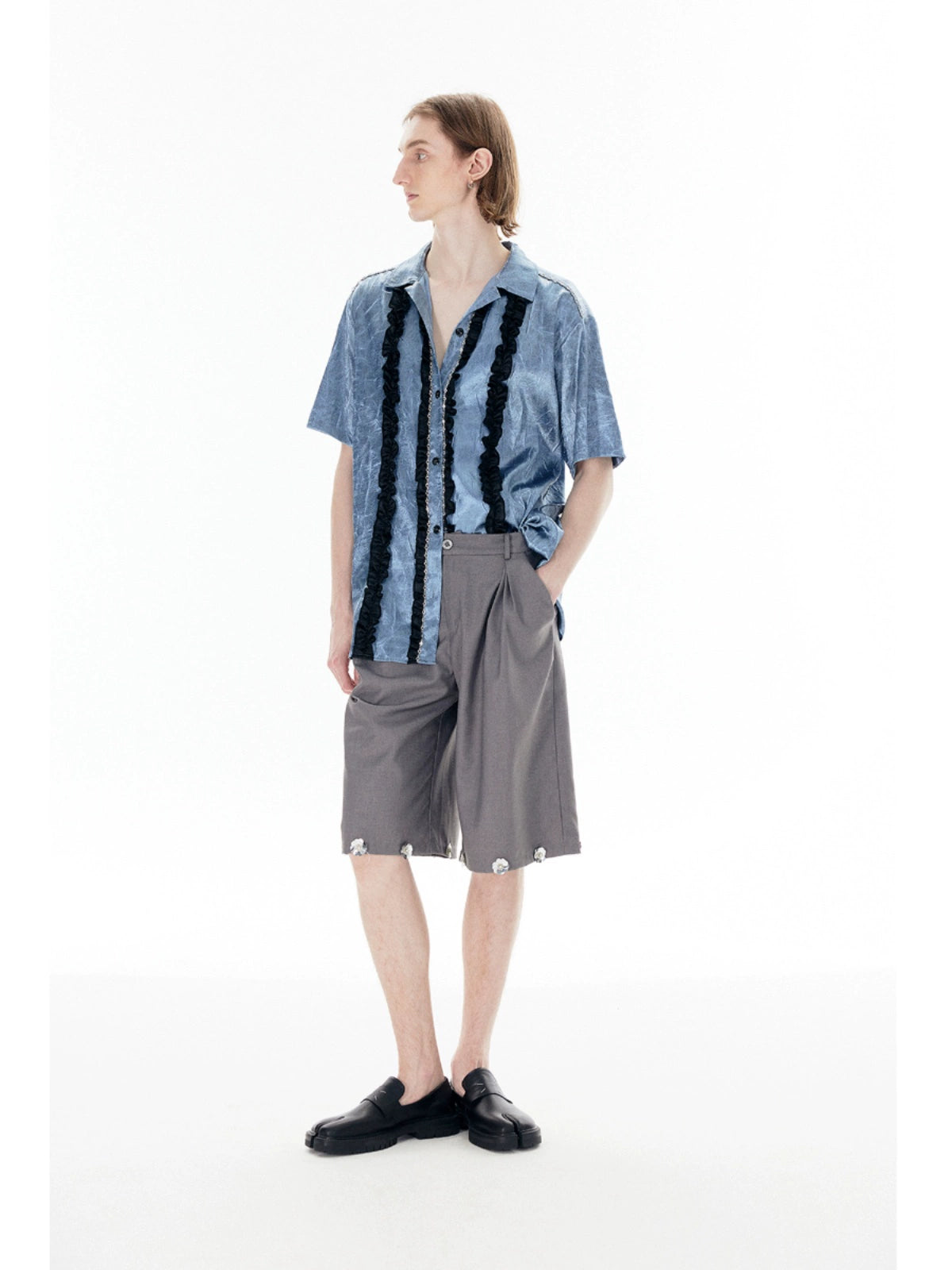 Pleated Design Floral Sequin and Bead Embellished Wide Leg Half Pants WN18873