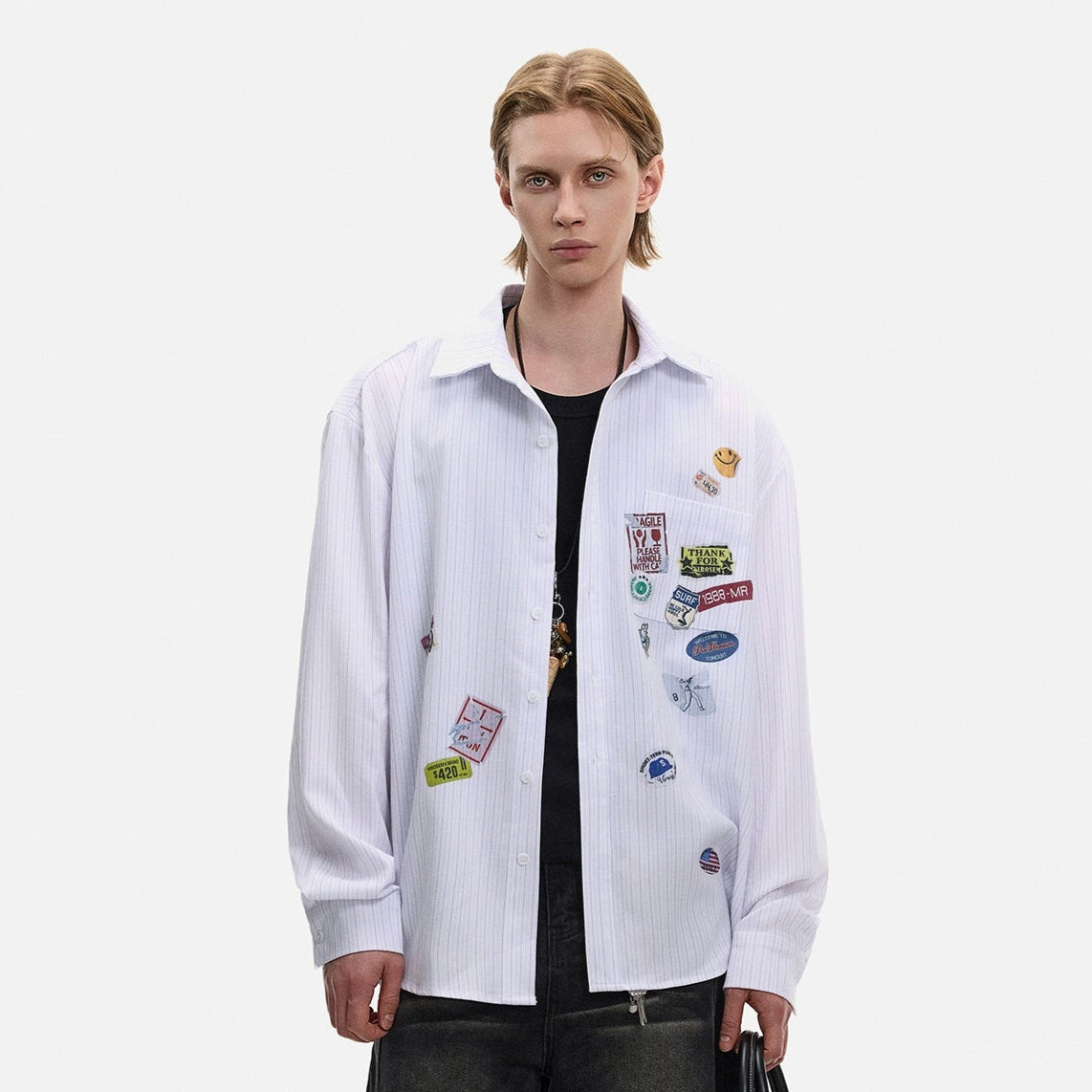 Patch Striped Long Sleeve Shirt WN21431