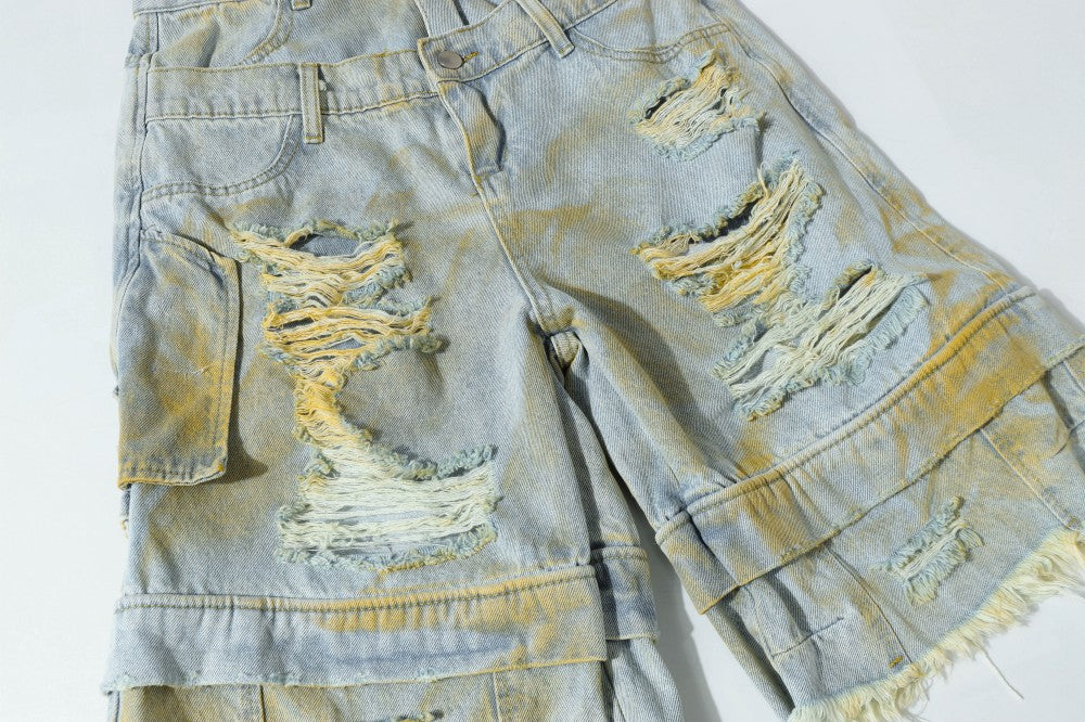 Double Waist Ripped Frayed Wide Leg Half Pants WN27873