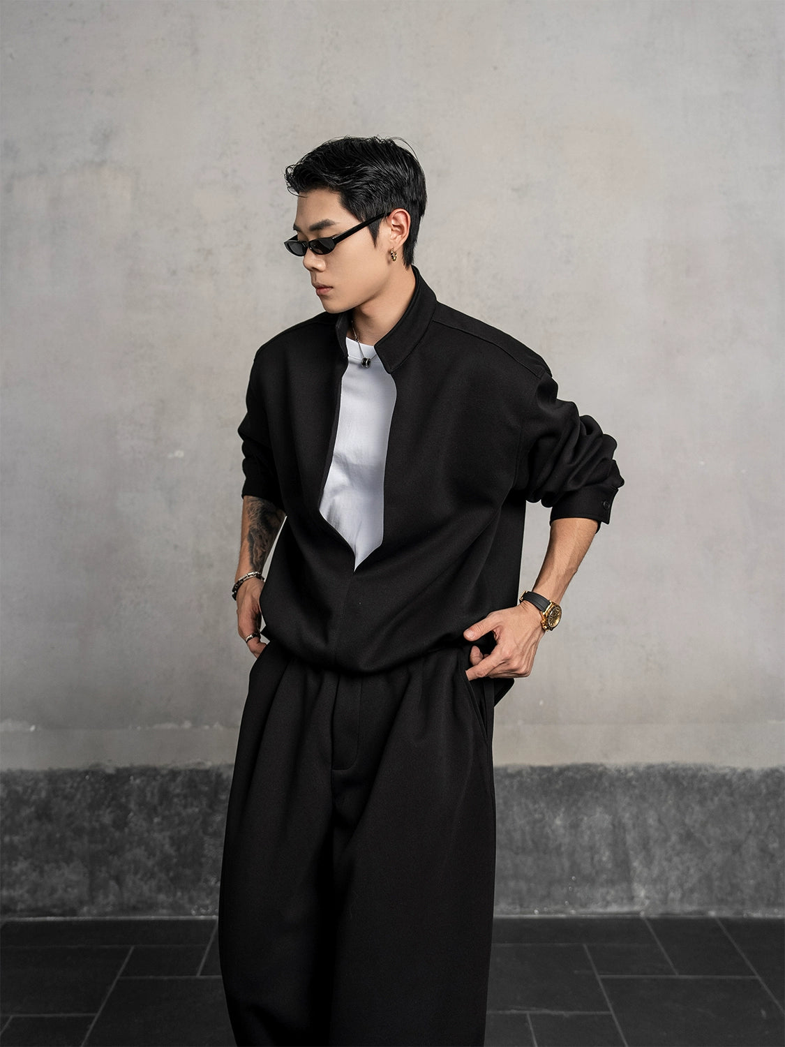 Fake Layered Stand Neck Sweatshirt & Pants Setup WN20870