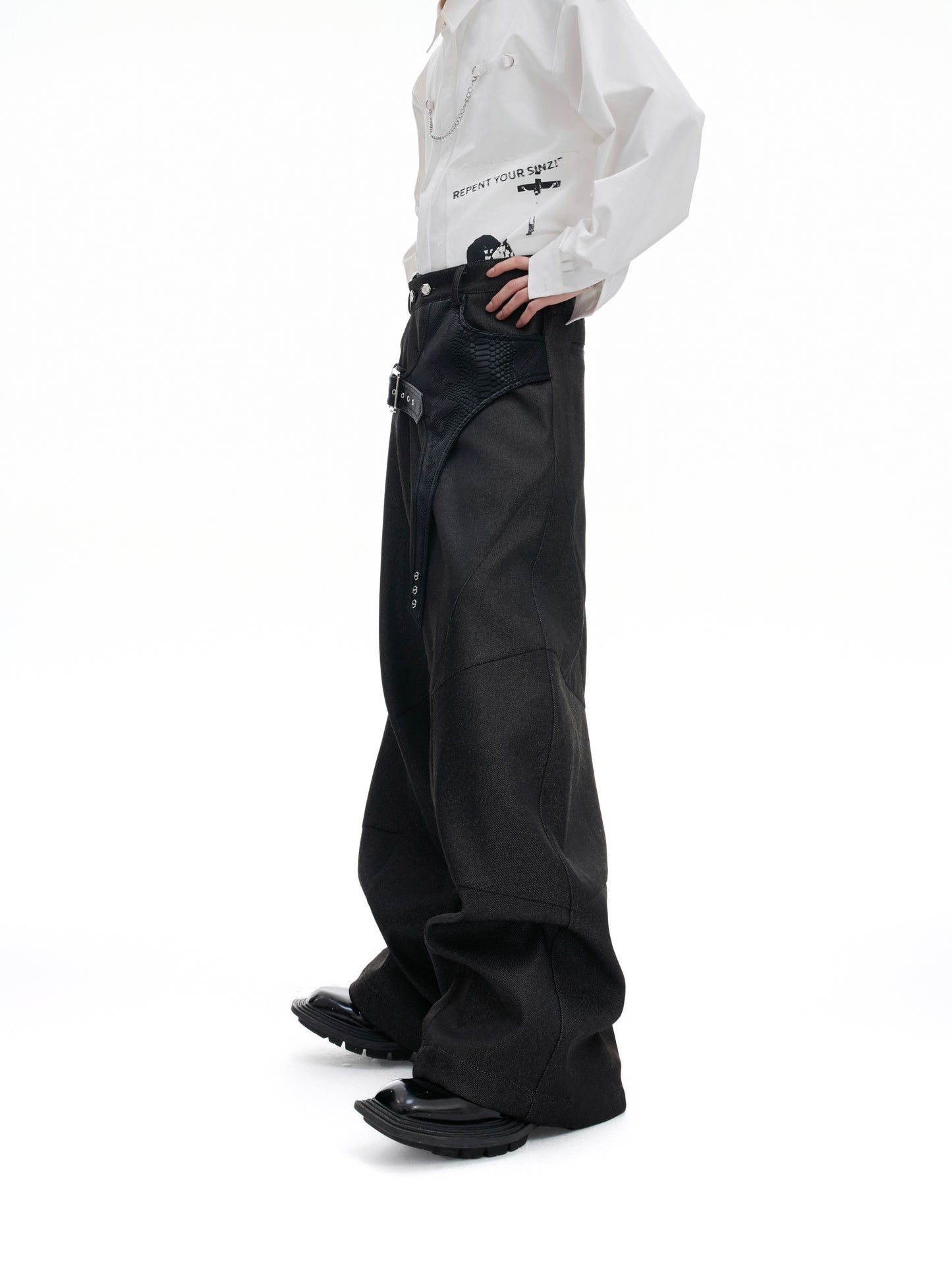 Crocodile Pattern Belted Wide Leg Straight Trousers WN20523