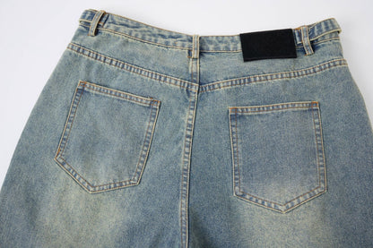 Washed Whisker Metal Buckle Denim Half Pants WN25513