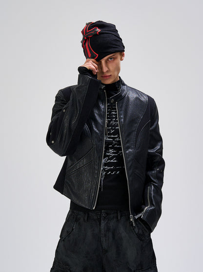 Irregular Panel Stand Neck PU Leather Jacket WN27442