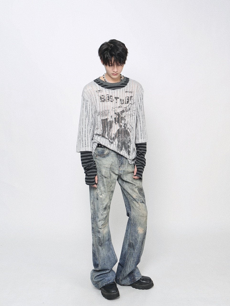 Fake Layered  Stripe Graphic Print Long Sleeve T-Shirt WN24465