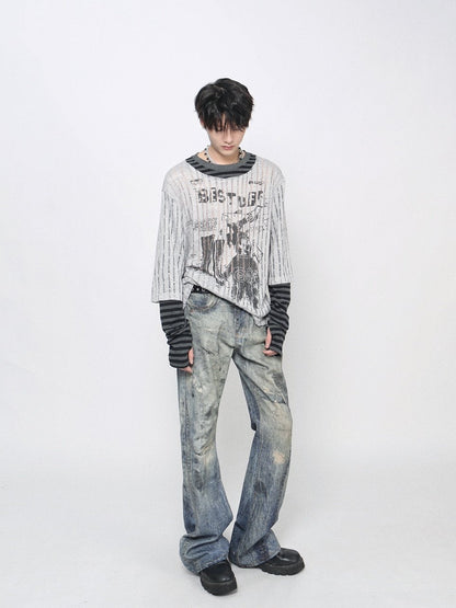 Fake Layered  Stripe Graphic Print Long Sleeve T-Shirt WN24465