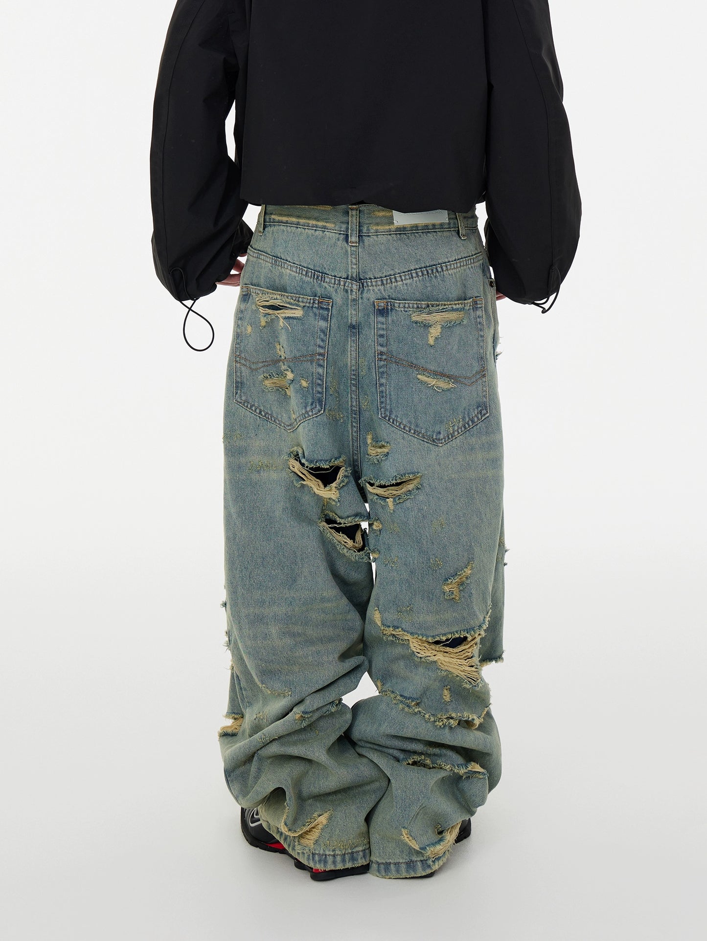 Double Layer Fringe Damage Washed Wide Leg Denim Jeans WN16955