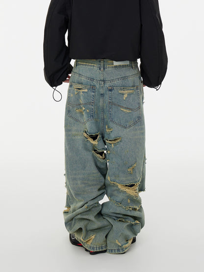 Double Layer Fringe Damage Washed Wide Leg Denim Jeans WN16955