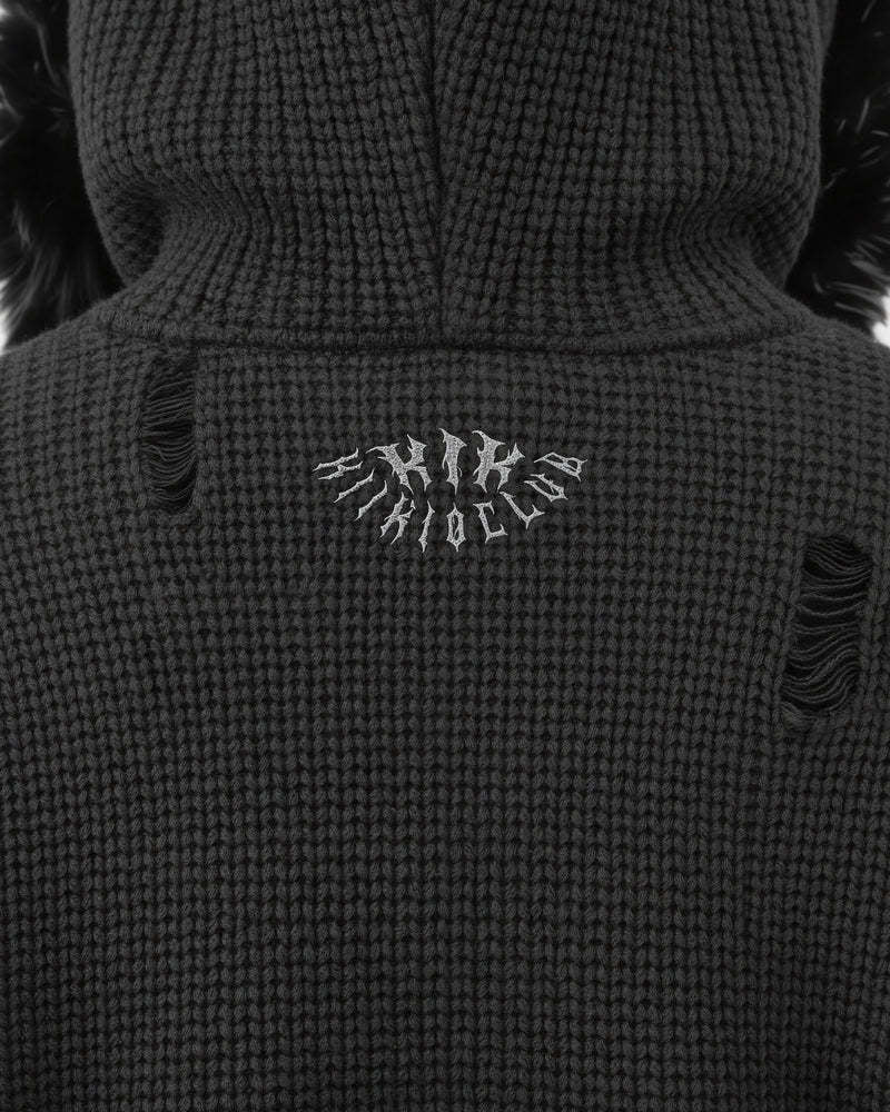 Fake Fur Collar Damage Zipper Knit Hoodie WN28100