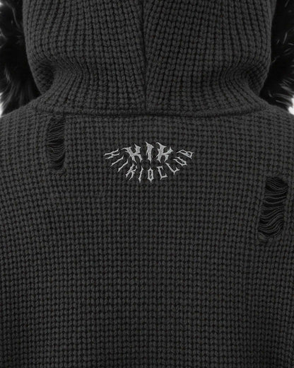 Fake Fur Collar Damage Zipper Knit Hoodie WN28100