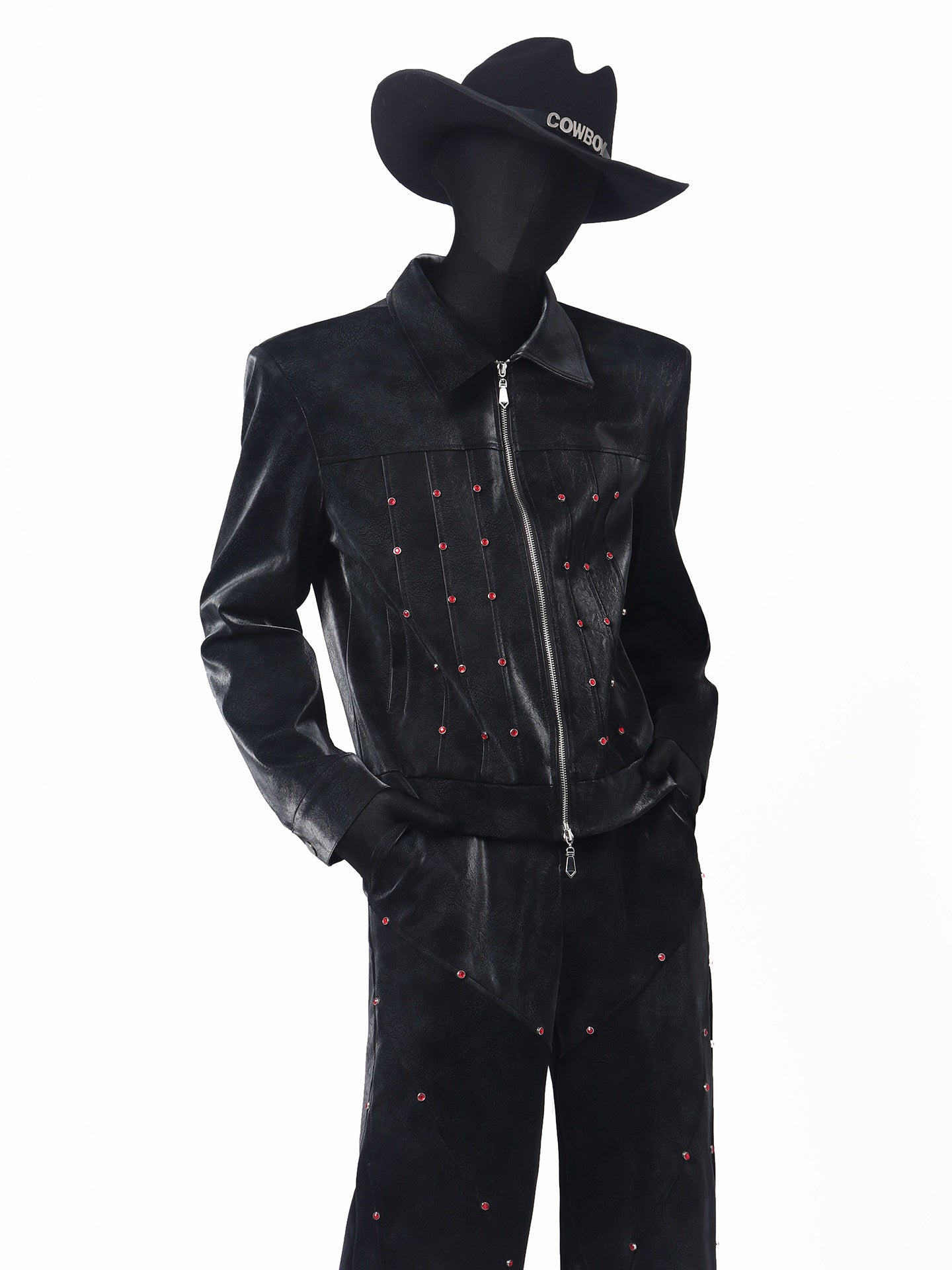 Studs Design PU Leather Jacket & Studs Design Wide Leg Pants Setup WN23662