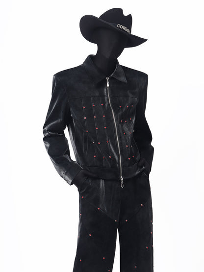 Studs Design PU Leather Jacket & Studs Design Wide Leg Pants Setup WN23662